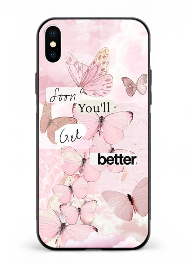 Healing butterfly artwork printed on iphone xs max glass back cover with warm pastel tones.