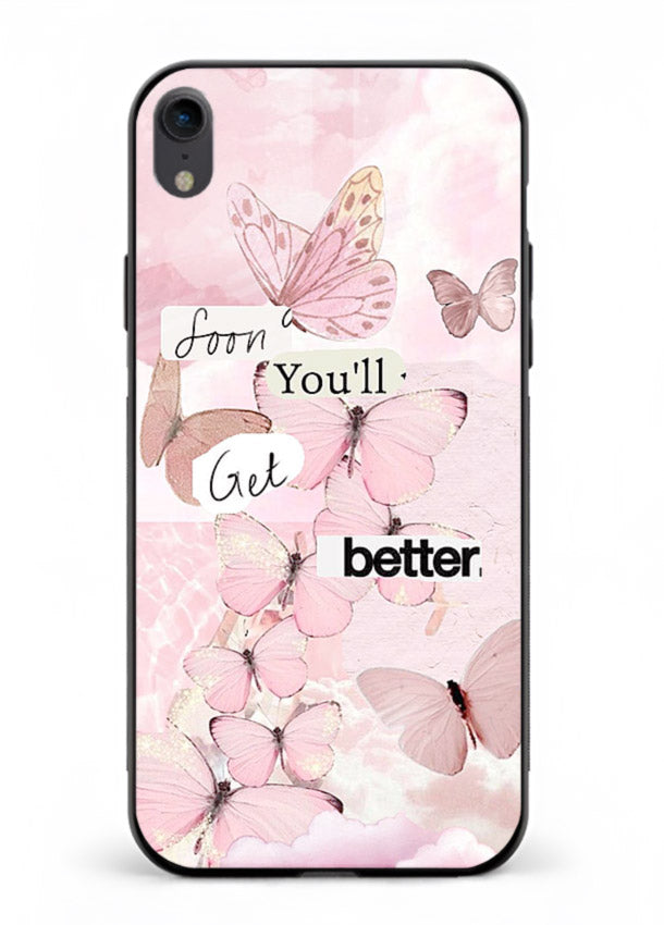Healing butterfly artwork printed on iphone xr glass back cover with warm pastel tones.
