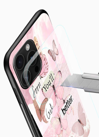 Healing butterfly artwork printed on glossy vibrant premium glass back cover with warm pastel tones. - Angle Blade