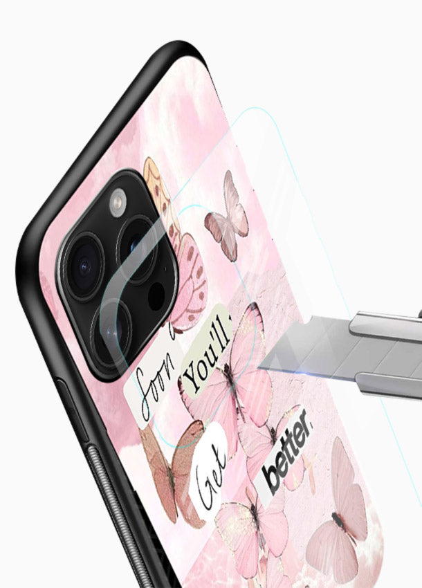 Healing butterfly artwork printed on glossy vibrant premium glass back cover with warm pastel tones. - Angle Blade