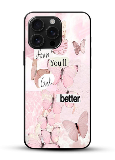 Healing butterfly artwork printed on glossy vibrant premium glass back cover with warm pastel tones. - Angle Front