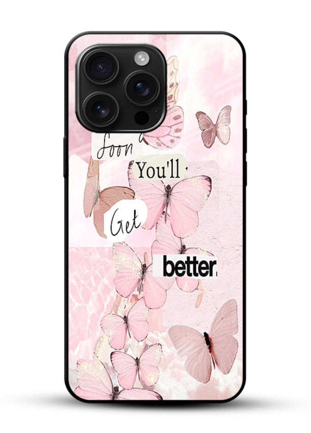 Healing butterfly artwork printed on glossy vibrant premium glass back cover with warm pastel tones. - Angle Front