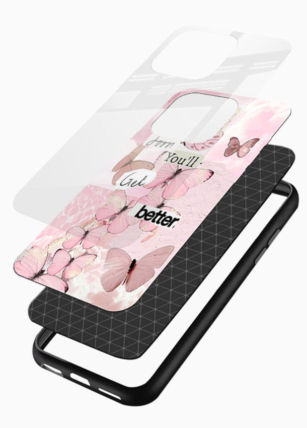 Healing butterfly artwork printed on glossy vibrant premium glass back cover with warm pastel tones. - Angle Layers