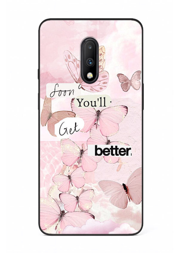 Healing butterfly artwork printed on OnePlus 7 glass back cover with warm pastel tones.