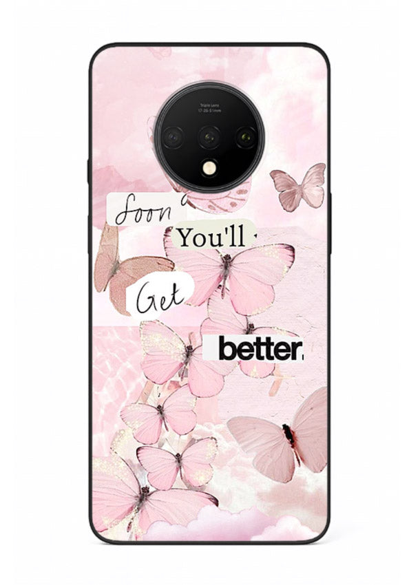 Healing butterfly artwork printed on OnePlus 7T glass back cover with warm pastel tones.