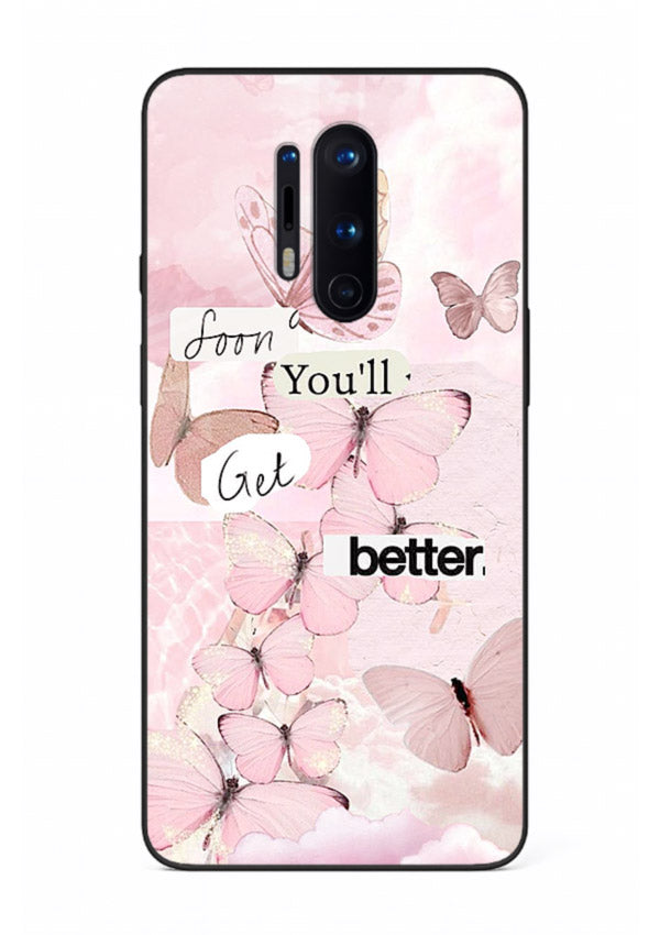 Healing butterfly artwork printed on OnePlus 8 Pro glass back cover with warm pastel tones.