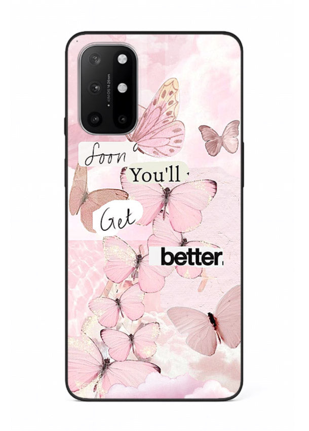 Healing butterfly artwork printed on OnePlus 8T glass back cover with warm pastel tones.