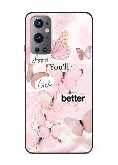 Healing butterfly artwork printed on OnePlus 9 glass back cover with warm pastel tones.
