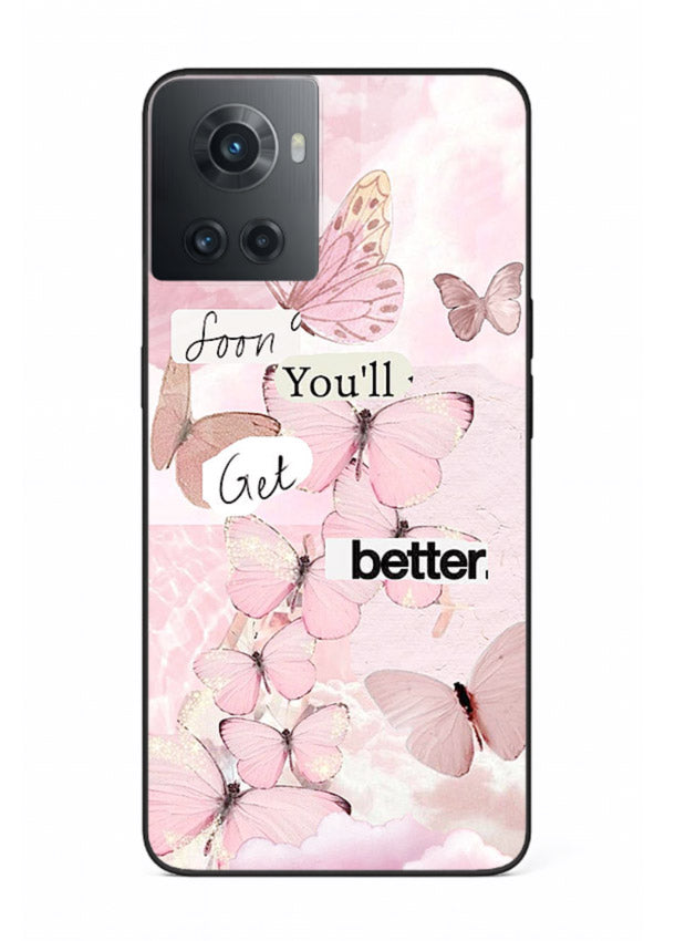 Healing butterfly artwork printed on OnePlus 7T glass back cover with warm pastel tones.