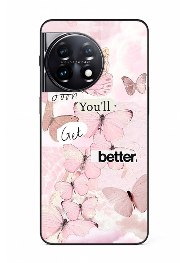 Healing butterfly artwork printed on OnePlus 8T glass back cover with warm pastel tones.