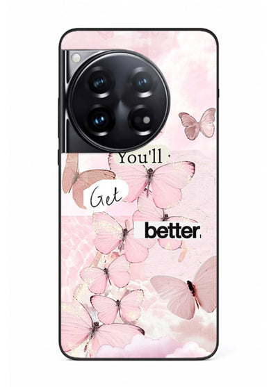 Healing butterfly artwork printed on OnePlus 9 Pro glass back cover with warm pastel tones.