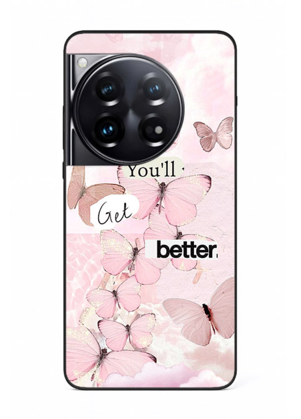 Healing butterfly artwork printed on OnePlus 9 Pro glass back cover with warm pastel tones.