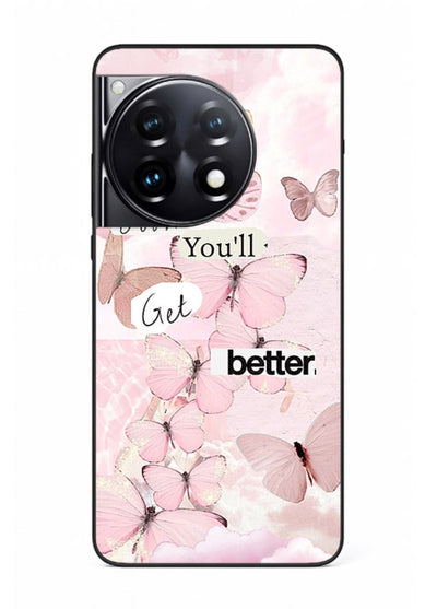 Healing butterfly artwork printed on OnePlus 9 glass back cover with warm pastel tones.