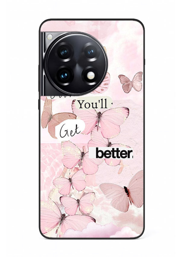 Healing butterfly artwork printed on OnePlus 9 glass back cover with warm pastel tones.