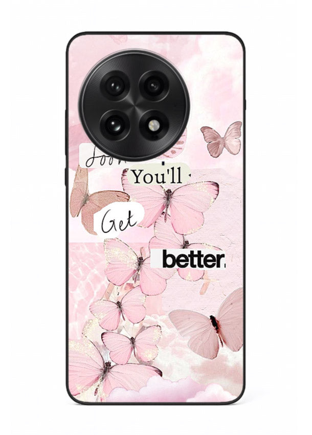 Healing butterfly artwork printed on OnePlus 13 glass back cover with warm pastel tones.