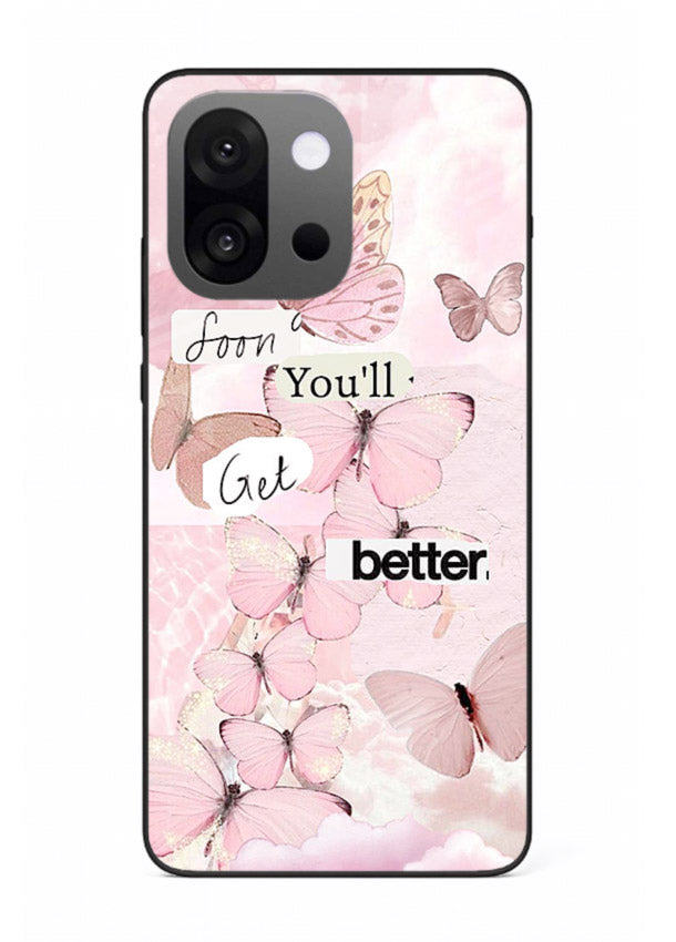Healing butterfly artwork printed on OnePlus 13s glass back cover with warm pastel tones.