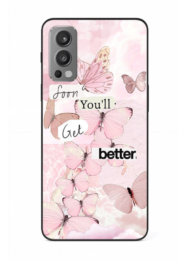 Healing butterfly artwork printed on OnePlus Nord 2 glass back cover with warm pastel tones.