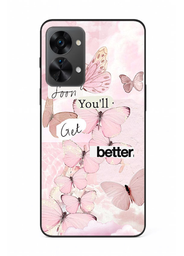 Healing butterfly artwork printed on OnePlus Nord 2T glass back cover with warm pastel tones.