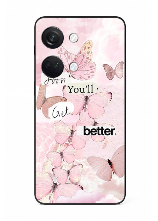 Healing butterfly artwork printed on OnePlus Nord 3 glass back cover with warm pastel tones.