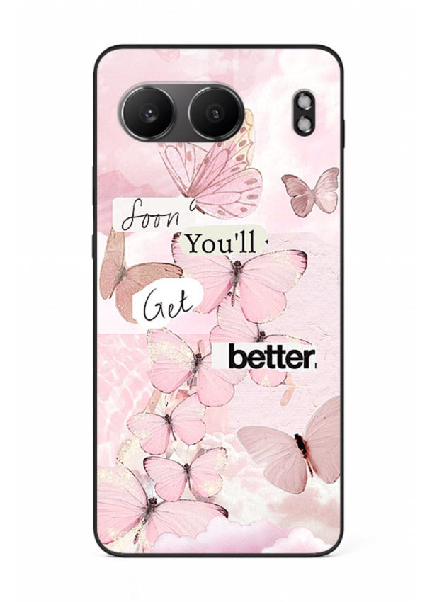 Healing butterfly artwork printed on OnePlus Nord 4 glass back cover with warm pastel tones.