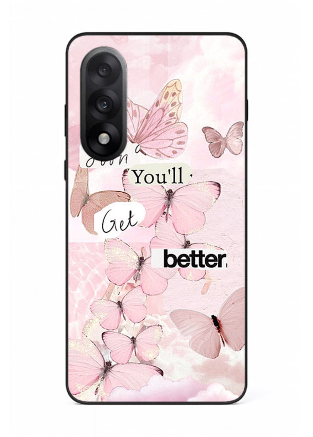Healing butterfly artwork printed on OnePlus Nord 5 glass back cover with warm pastel tones.