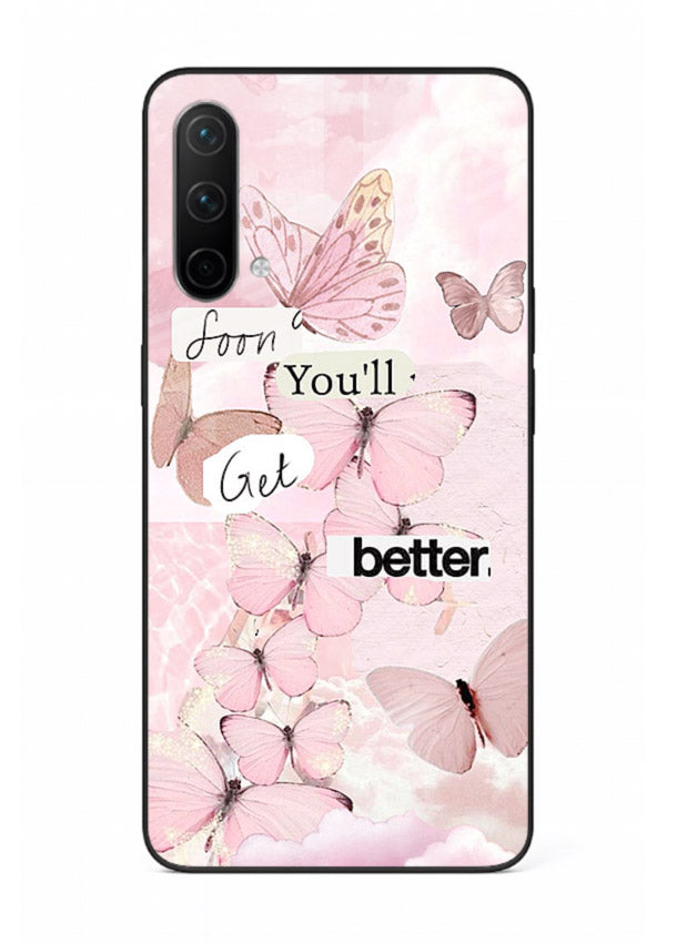 Healing butterfly artwork printed on OnePlus Nord CE 5G glass back cover with warm pastel tones.