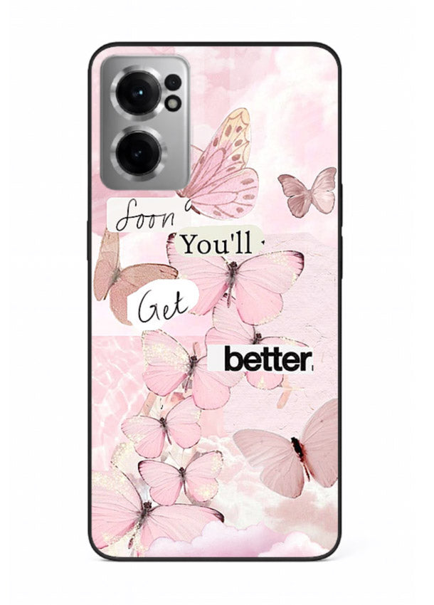 Healing butterfly artwork printed on OnePlus Nord CE2 5G glass back cover with warm pastel tones.
