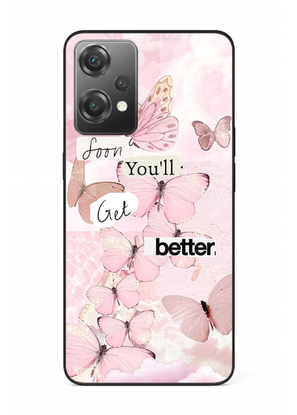 Healing butterfly artwork printed on OnePlus Nord CE2 Lite 5G glass back cover with warm pastel tones.