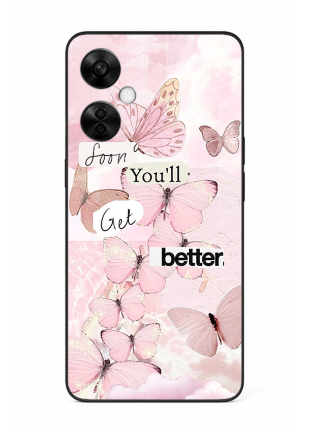 Healing butterfly artwork printed on OnePlus Nord CE3 Lite glass back cover with warm pastel tones.