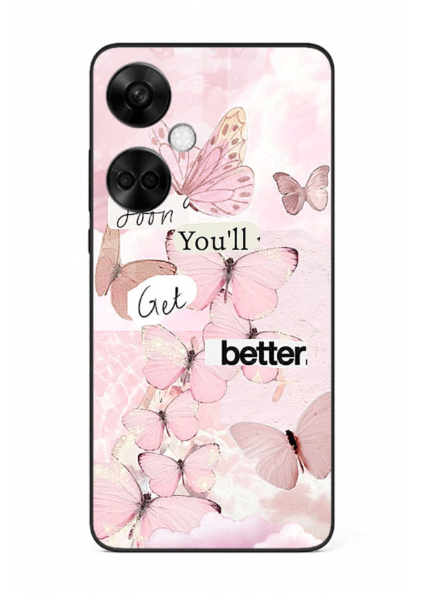 Healing butterfly artwork printed on OnePlus Nord CE3 glass back cover with warm pastel tones.
