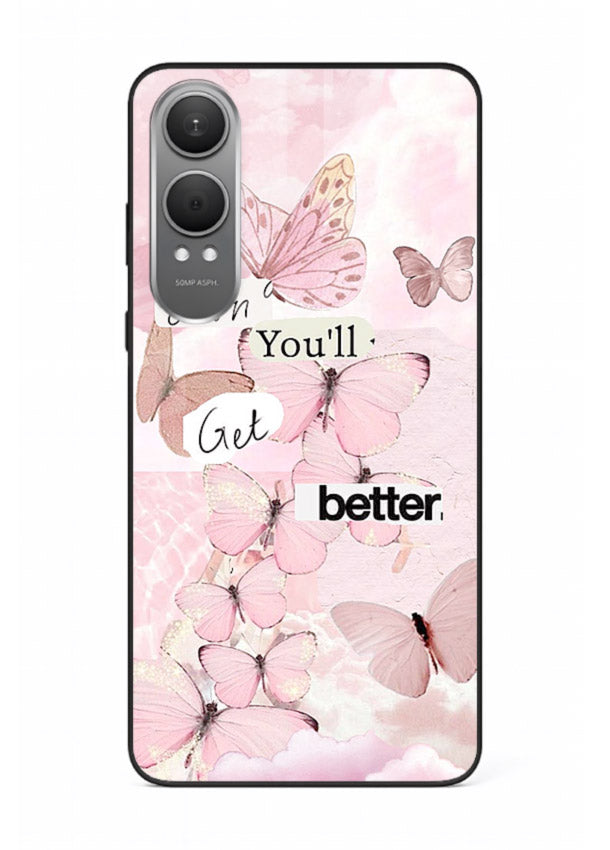 Healing butterfly artwork printed on OnePlus Nord CE4 Lite glass back cover with warm pastel tones.