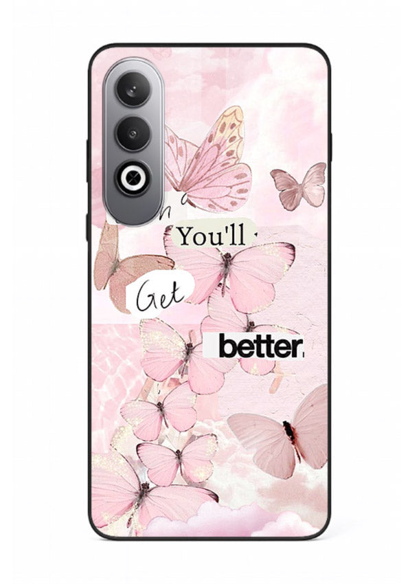 Healing butterfly artwork printed on OnePlus Nord CE4 glass back cover with warm pastel tones.