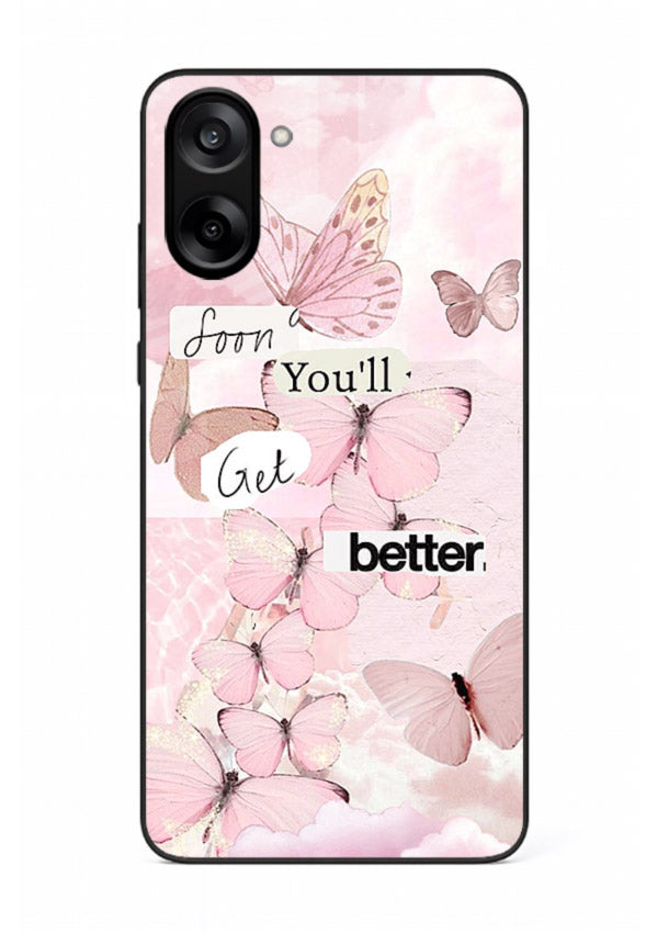 Healing butterfly artwork printed on OnePlus Nord CE5 glass back cover with warm pastel tones.