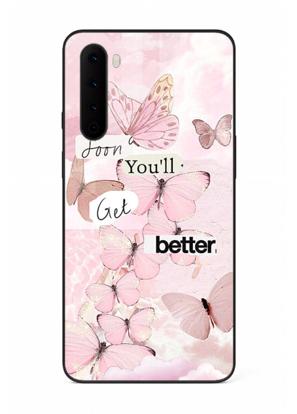 Healing butterfly artwork printed on OnePlus Nord glass back cover with warm pastel tones.