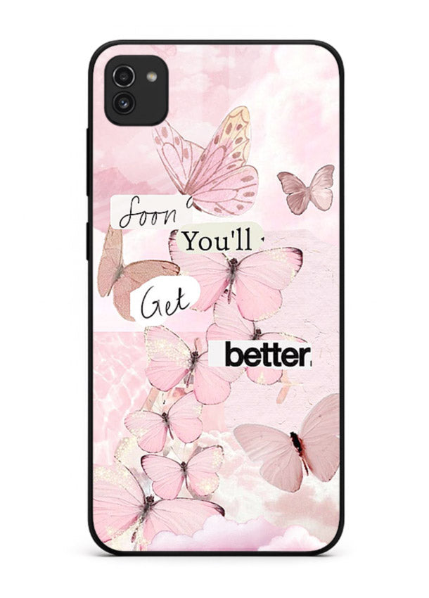 Healing butterfly artwork printed on Samsung A03 glass back cover with warm pastel tones.