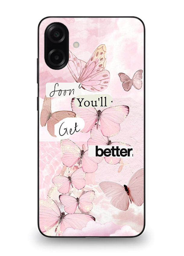 Healing butterfly artwork printed on Samsung A07 4G glass back cover with warm pastel tones.