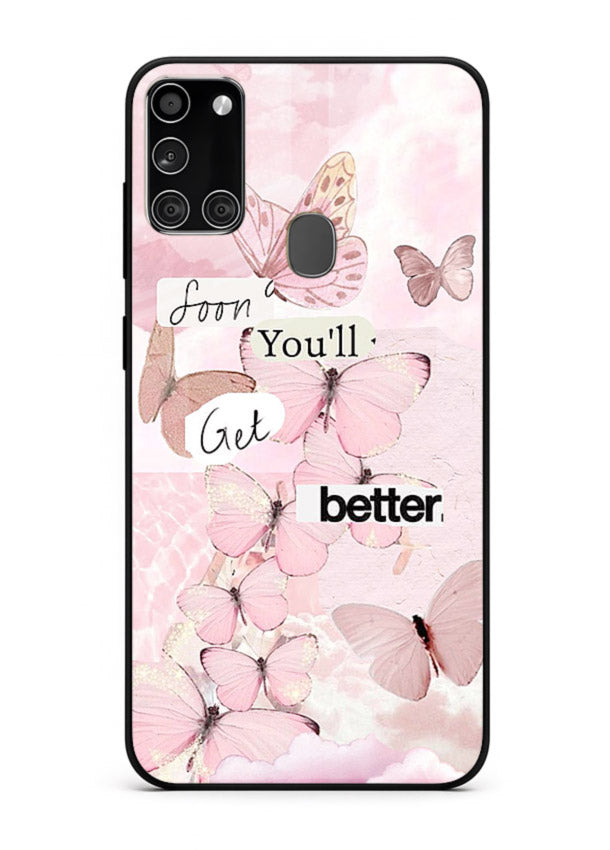 Healing butterfly artwork printed on Samsung A21s glass back cover with warm pastel tones.