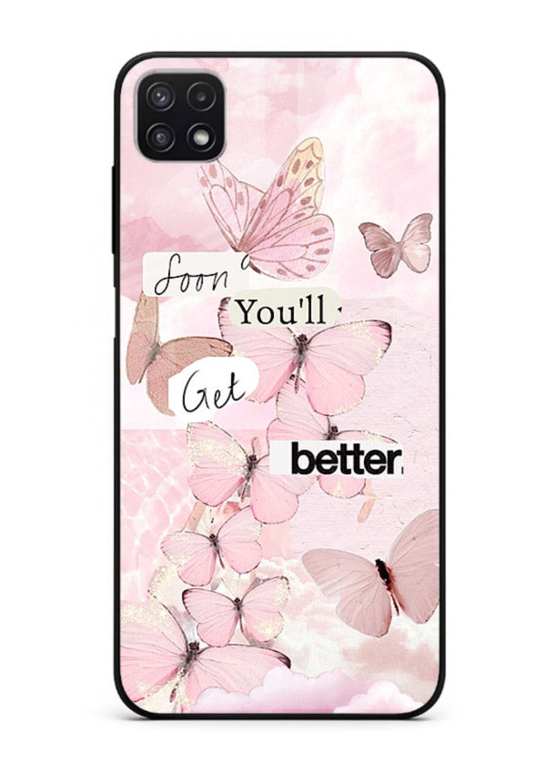 Healing butterfly artwork printed on Samsung A22 5G glass back cover with warm pastel tones.