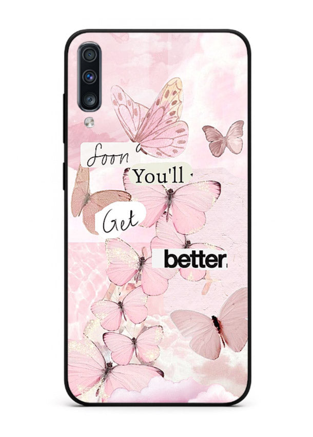 Healing butterfly artwork printed on Samsung A70 glass back cover with warm pastel tones.