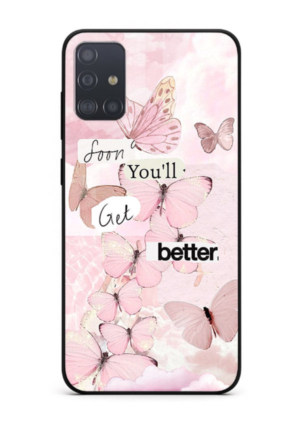 Healing butterfly artwork printed on Samsung A71 glass back cover with warm pastel tones.