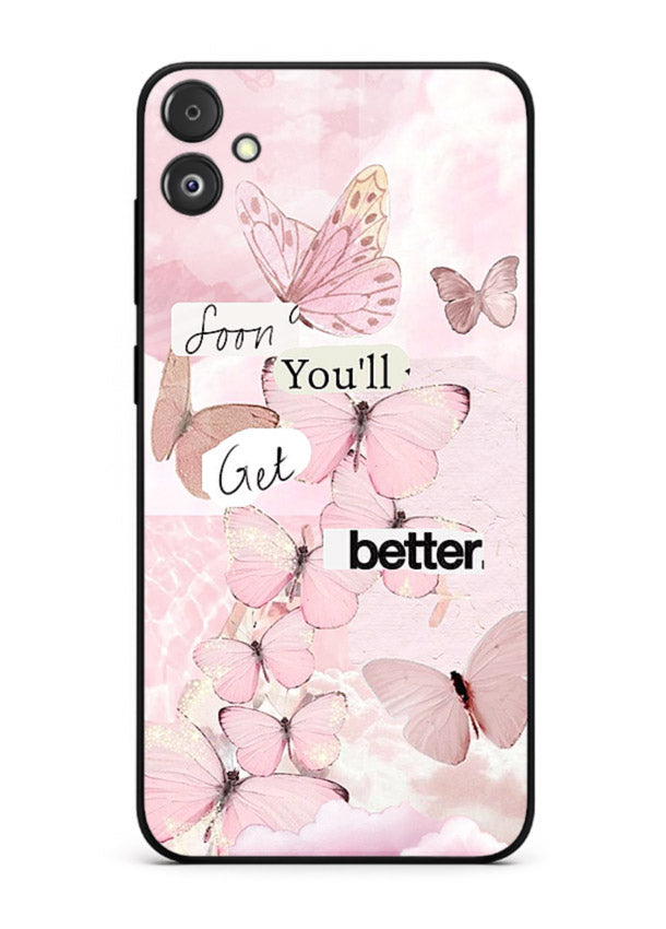 Healing butterfly artwork printed on Samsung F05 5G glass back cover with warm pastel tones.