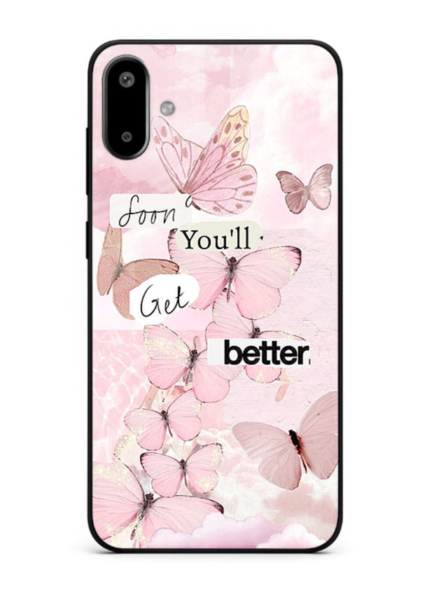 Healing butterfly artwork printed on Samsung F06 5G glass back cover with warm pastel tones.