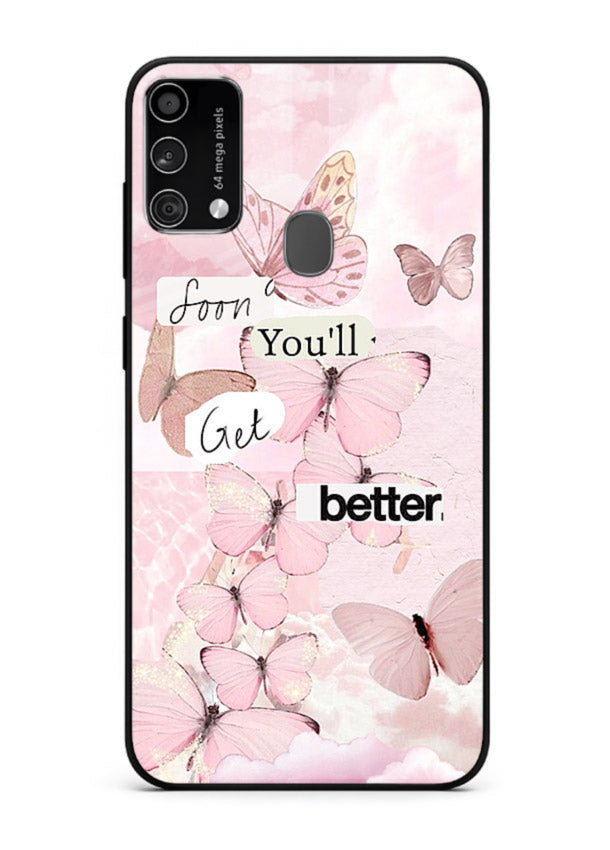 Healing butterfly artwork printed on Samsung F41 glass back cover with warm pastel tones.