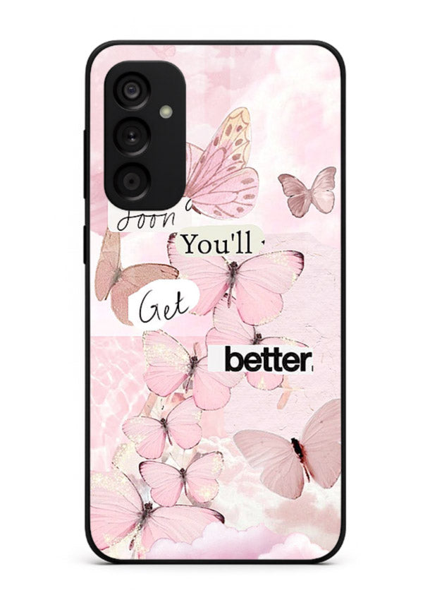 Healing butterfly artwork printed on Samsung A34 5G glass back cover with warm pastel tones.