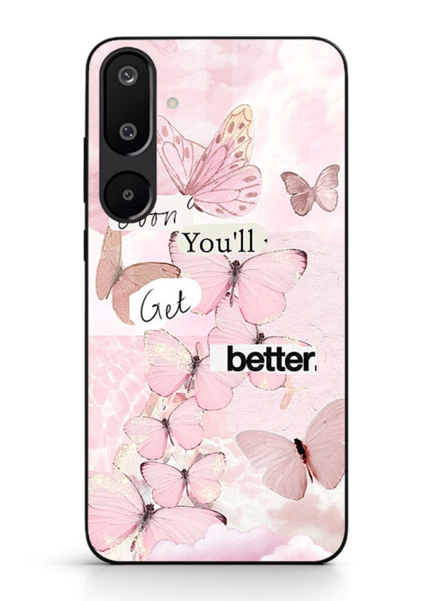 Healing butterfly artwork printed on Samsung F16 5G glass back cover with warm pastel tones.