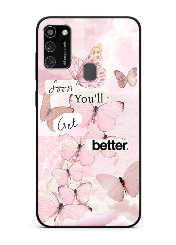 Healing butterfly artwork printed on Samsung M21 glass back cover with warm pastel tones.