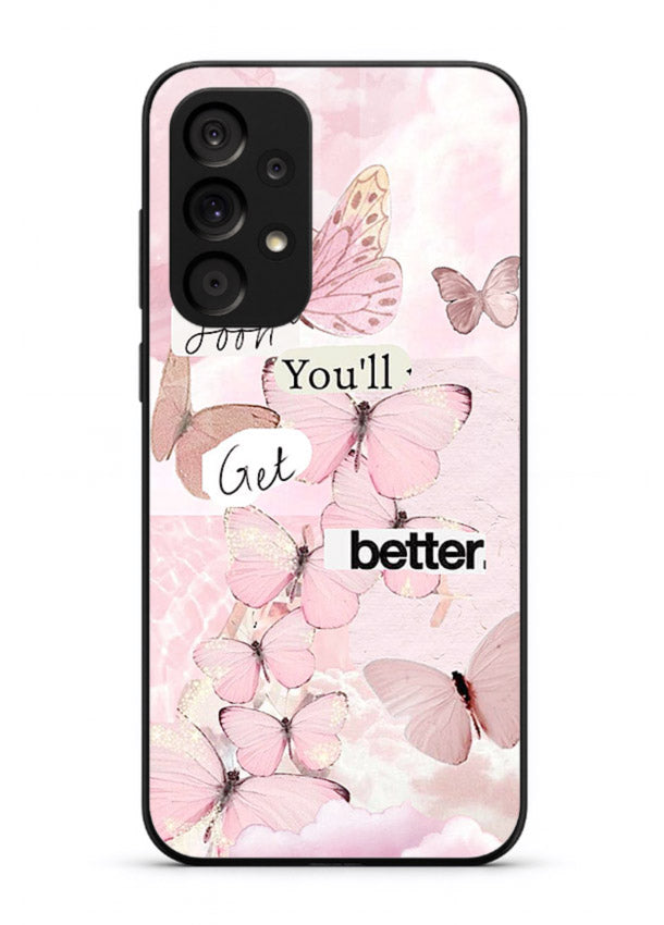 Healing butterfly artwork printed on Samsung A33 5G glass back cover with warm pastel tones.