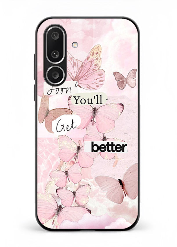 Healing butterfly artwork printed on Samsung M36 5G glass back cover with warm pastel tones.