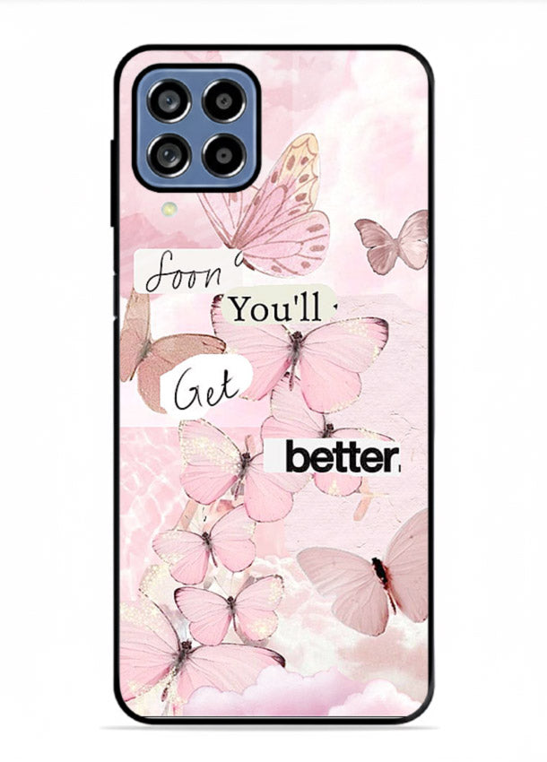 Healing butterfly artwork printed on Samsung A22 4G glass back cover with warm pastel tones.