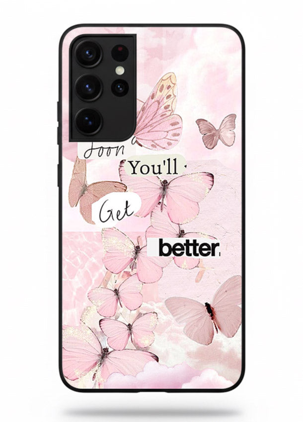 Healing butterfly artwork printed on Samsung S21 Ultra glass back cover with warm pastel tones.